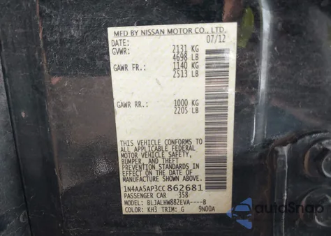 2012 Nissan Maxima S/Sv from USA, damaged, VIN 1N4AA5AP3CC862681